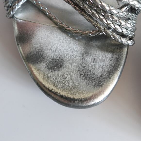 BCBG Paris Metallic Silver Faux Leather Woven Rope Strappy Cork Open Toe Wedges - Picture 9 of 15